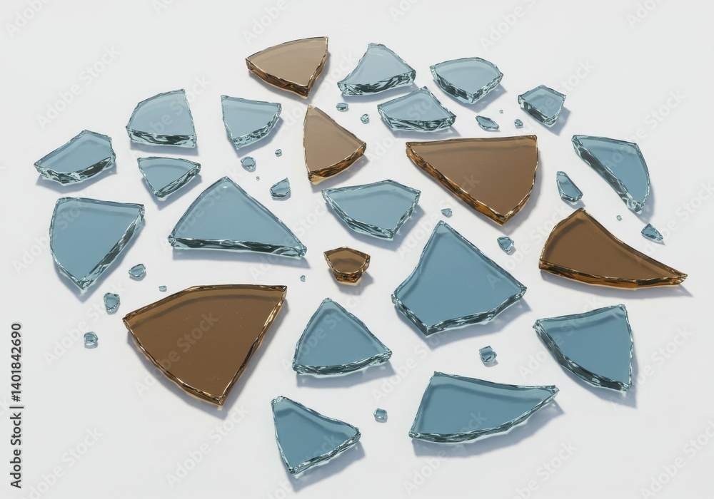 Poster scattered shards of broken glass in shades of blue and brown on a white surface creating a pattern