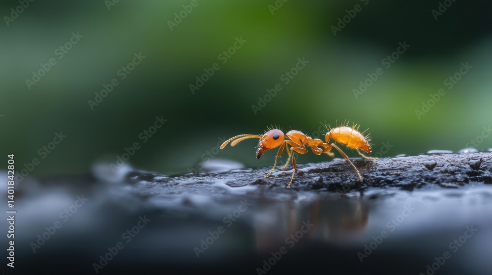 Fototapete detailed macro shot of a vibrant orange ant crawling on a wet, dark surface with water droplets. the