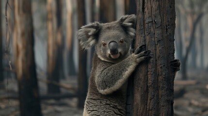 Naklejka premium Koala in a burned forest holding onto a single tree looking lost as smoke rises in the background