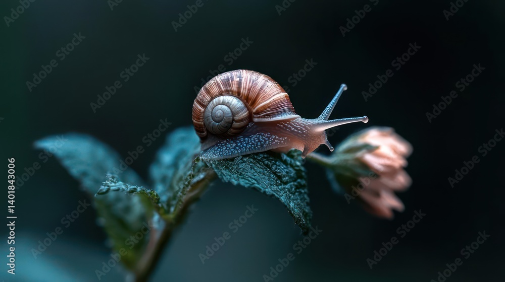 Aufkleber close-up shot of a snail with a brown and tan shell perched on a dewy green leaf against a blurred d