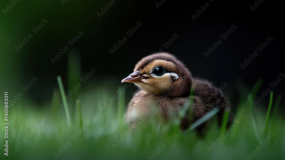 Poster close up shot of a tiny brown bird nestled in lush green grass against a dark background. the bird's