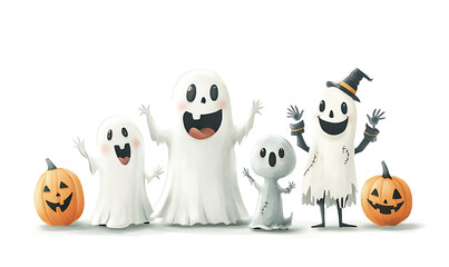 Teenagers and cartoon characters joyfully celebrating Halloween with costumes, candy, shopping, and spooky fun, isolated on white background.