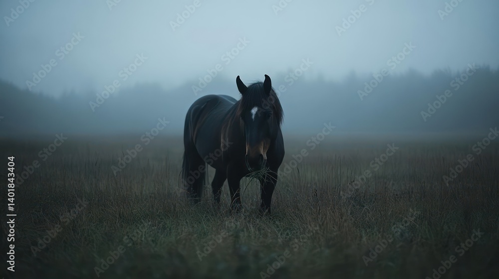 Poster dark brown horse standing in a dry grass field on a foggy day, trees visible in the background. the 