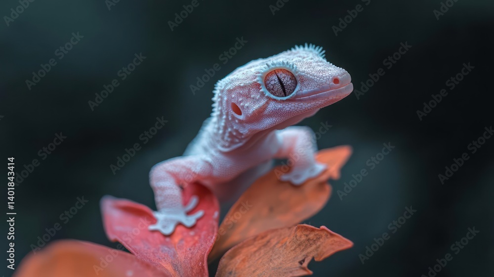 Poster close up shot of a white gecko standing on orange petals with a blurry dark background. the lizard f