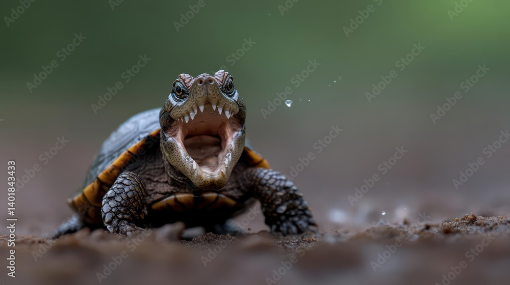 Poster close-up shot of a brown turtle with its mouth wide open, showcasing the detail of its head. water d