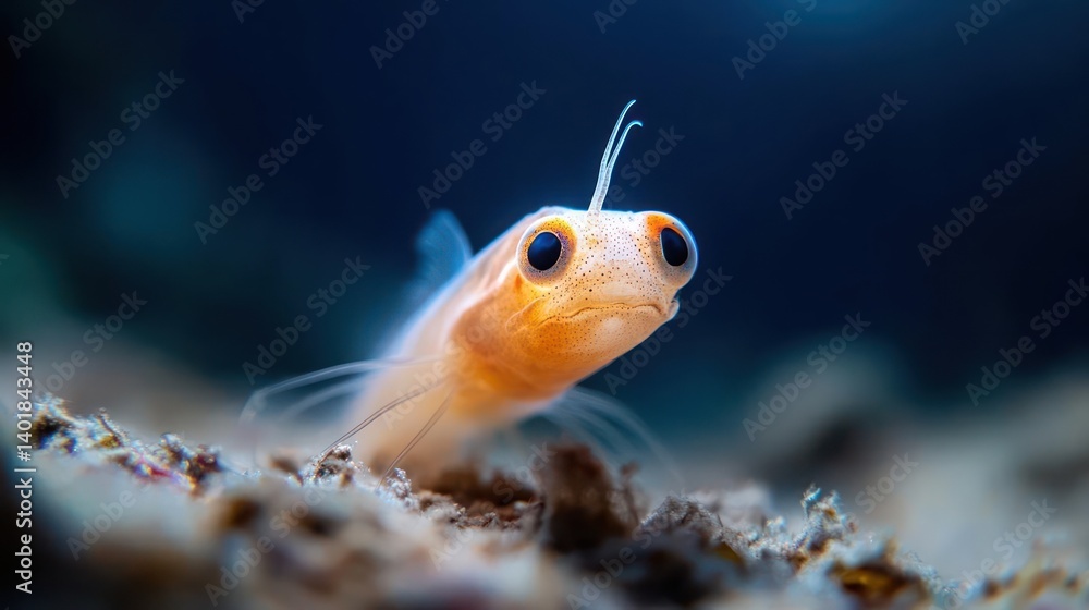 Poster close-up of a translucent orange goby fish, featuring large black eyes and whisker-like appendages, 