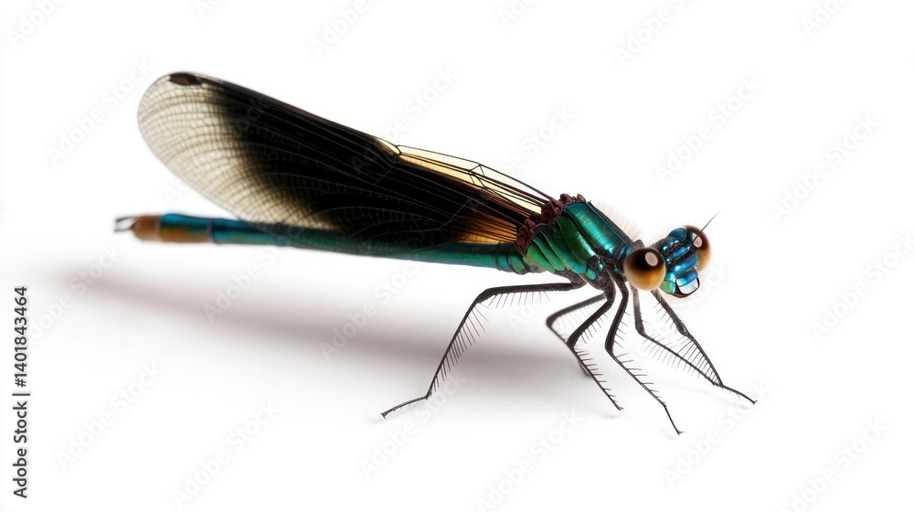 Poster macro shot of a turquoise and black damselfly with delicate wings on a clean white background. the i