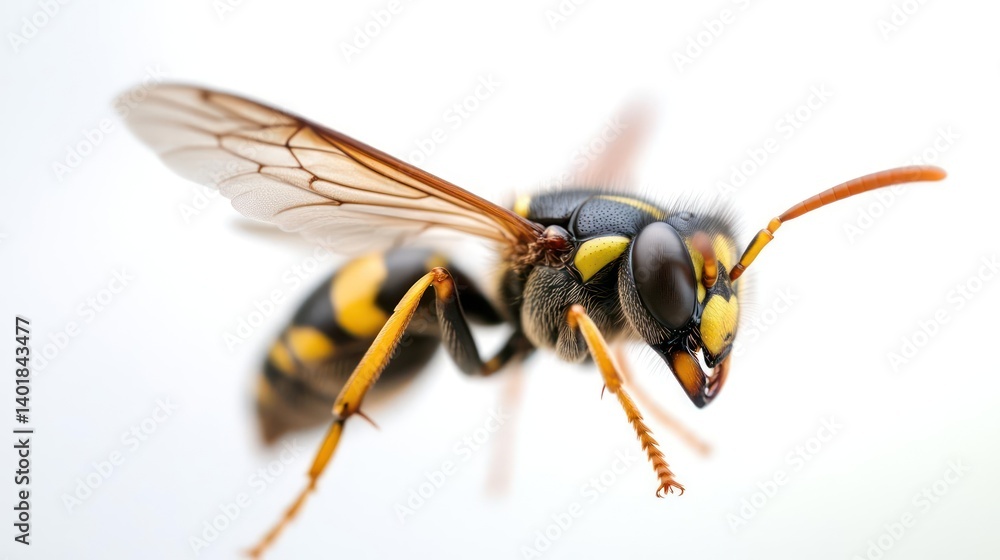 Poster macro shot of a wasp with detailed wings and body on a bright white background. the insect features 