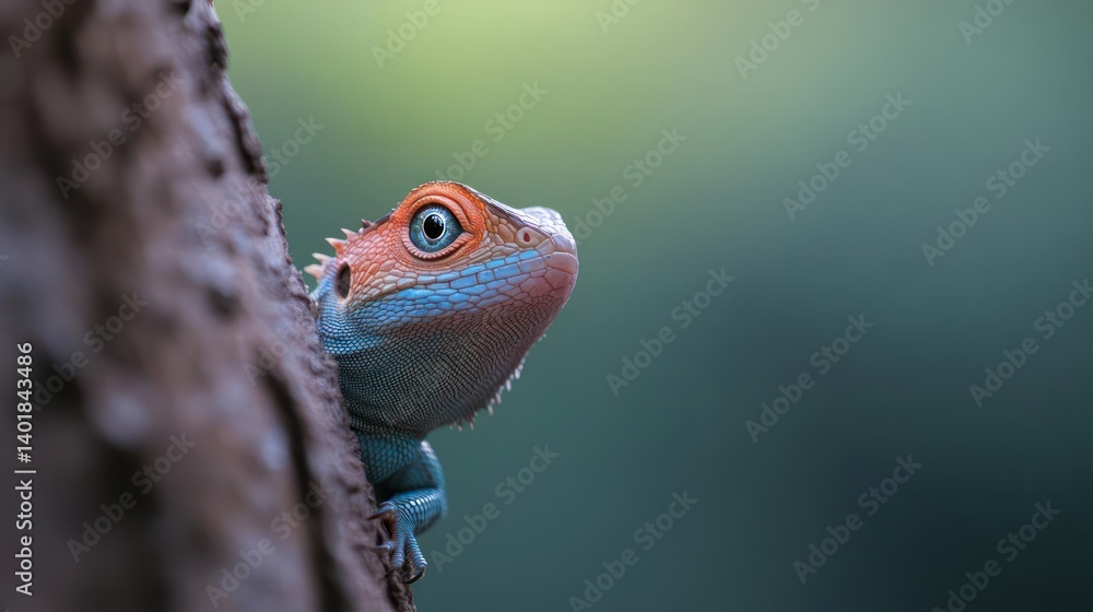 Poster close-up shot of an orange and blue lizard peeking from a tree trunk. the scales are visible and the