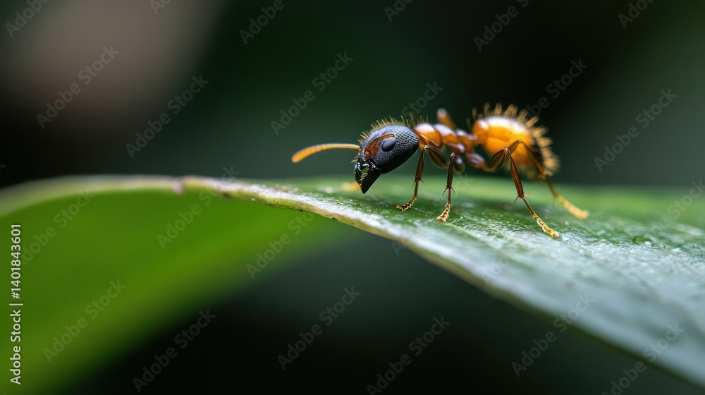 Poster macro shot of a golden ant with a black head standing on the edge of a bright green leaf with a blur