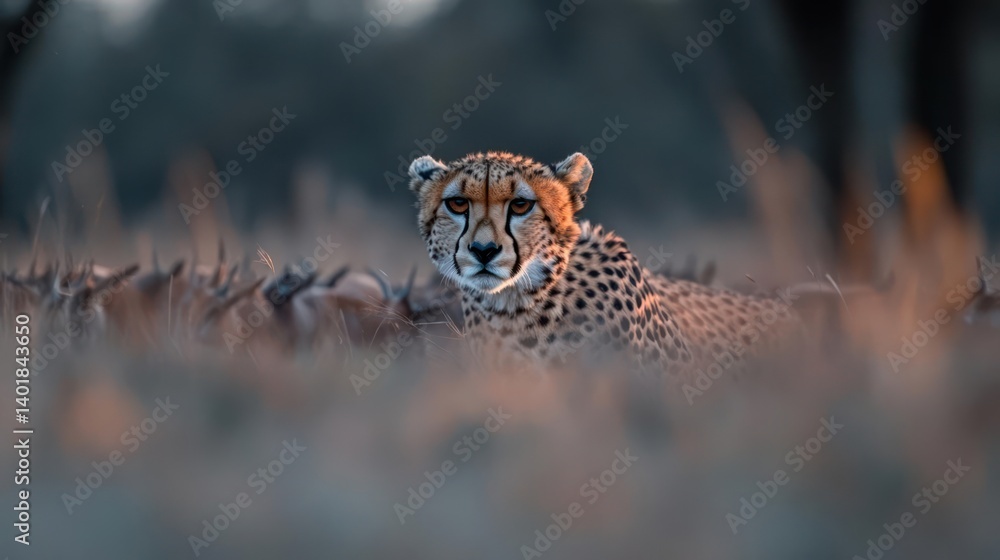 Poster a close eye-level shot of a cheetah lying in grassy field, looking directly at the camera. the backg