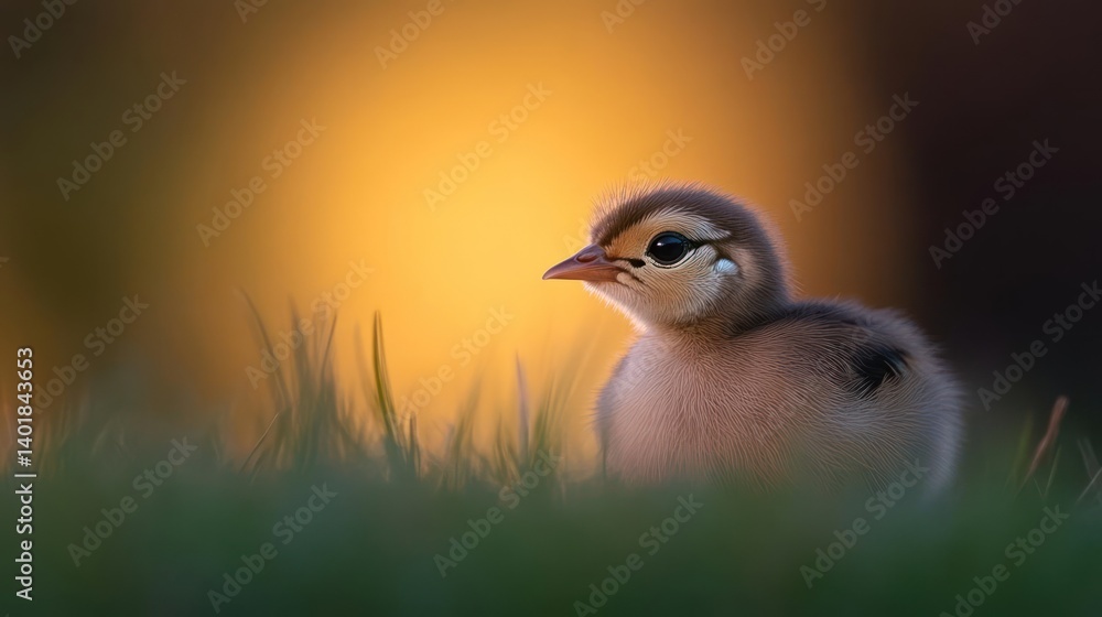 Poster A close-up of a brown chick standing in green grass. The warm golden light is diffused in the background, highlighting the chick's soft feathers and delicate features in a natural setting