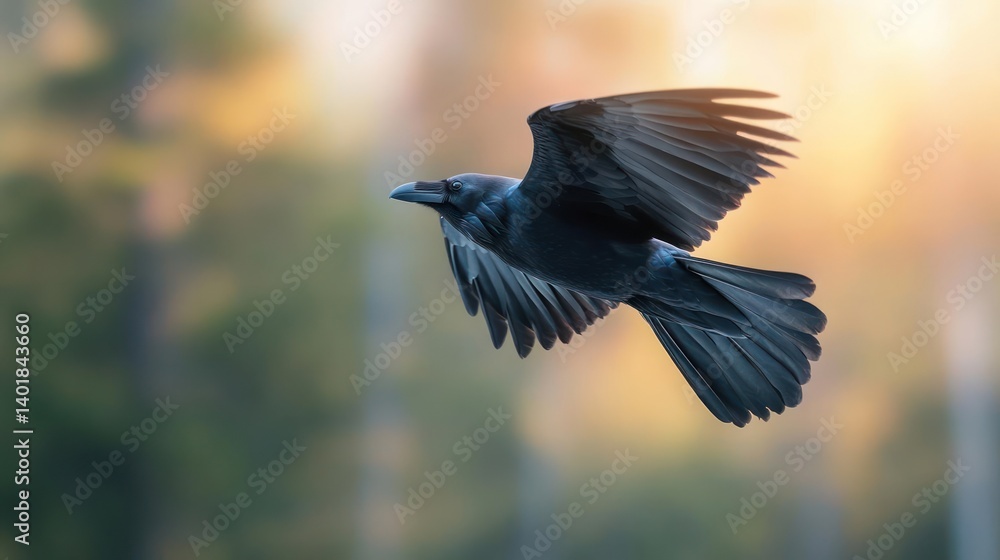 Poster dramatic close-up of a black raven in mid-flight against a soft-focus background of green trees and 