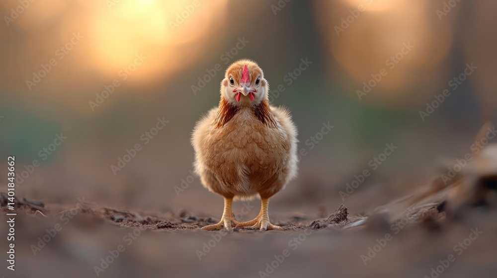 Poster Close up of a fluffy baby chicken standing in brown soil against a blurred background with warm sunset light, creating a soft and endearing image