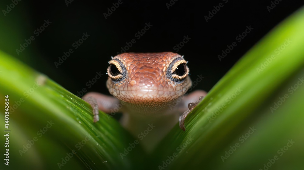 Poster a close-up captures a small, brown gecko perched on vibrant green stalks against a dark background. 