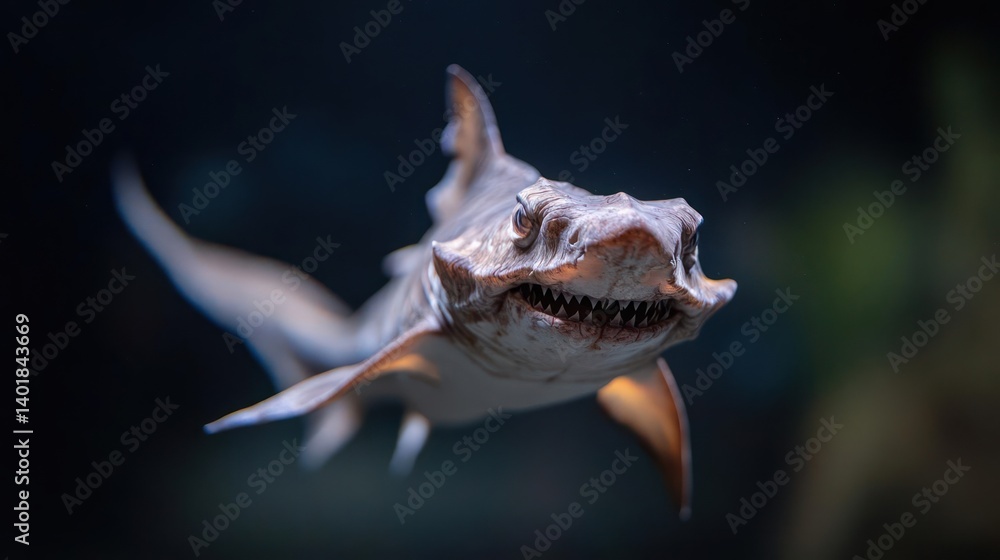 Poster underwater shot of a brown banded bamboo shark swimming with its mouth open, revealing rows of sharp