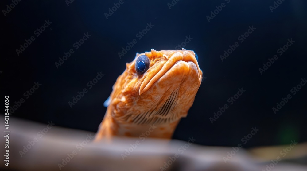 Poster A close-up shot capturing the intricate details of an orange snake against a blurred dark background. The snake's scales and unique features are prominently displayed, creating an intriguing visual