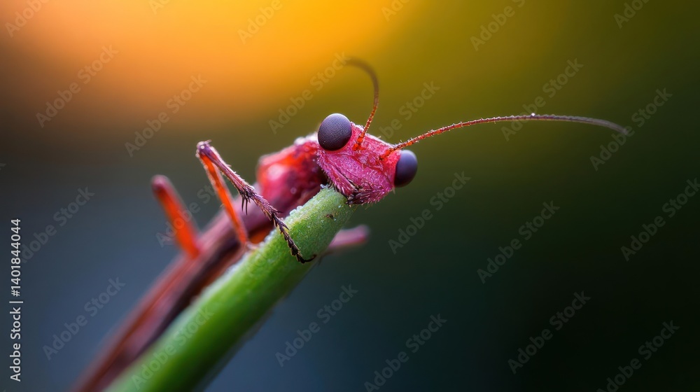 Poster a macro shot captures a pink insect with dew drops clinging to its body, perched on a vibrant green 