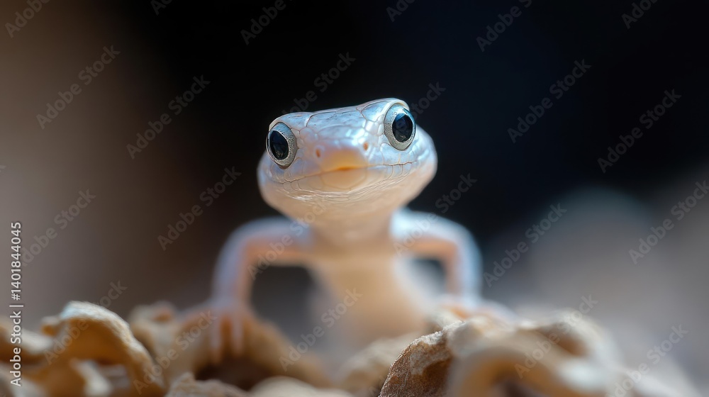 Poster Close up studio shot of a juvenile gecko with a cream and white body on the ground. The lizard is small and the background is dark and blurred. The gecko is facing forward with its little legs in