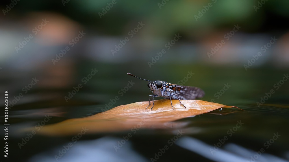 Poster close up shot of a dark moth with speckles resting on an orange leaf floating in water. the backgrou