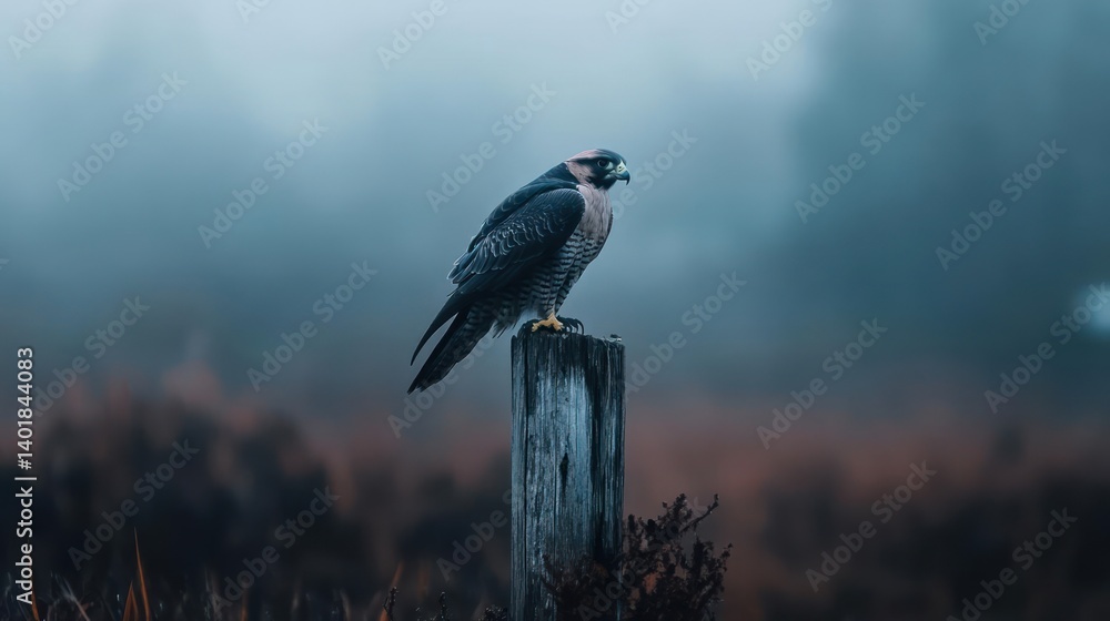 Poster a falcon with brown and dark gray feathers is perched on a weathered wooden post amidst a field of l