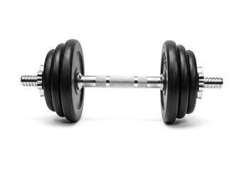 Fototapeta premium Isolated dumbbell with black plates and silver bar on a white background in a studio shot