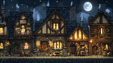 Pixel Art Village at Night with Full Moon Glowing Windows and Stone Buildings with Cobblestone Streets