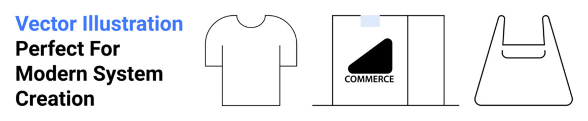 T-shirt outline, e-commerce packaging box with commerce textlogo, and shopping bag icon. Ideal for online retail, branding, packaging, clothing stores, sustainability, marketing e-commerce flat