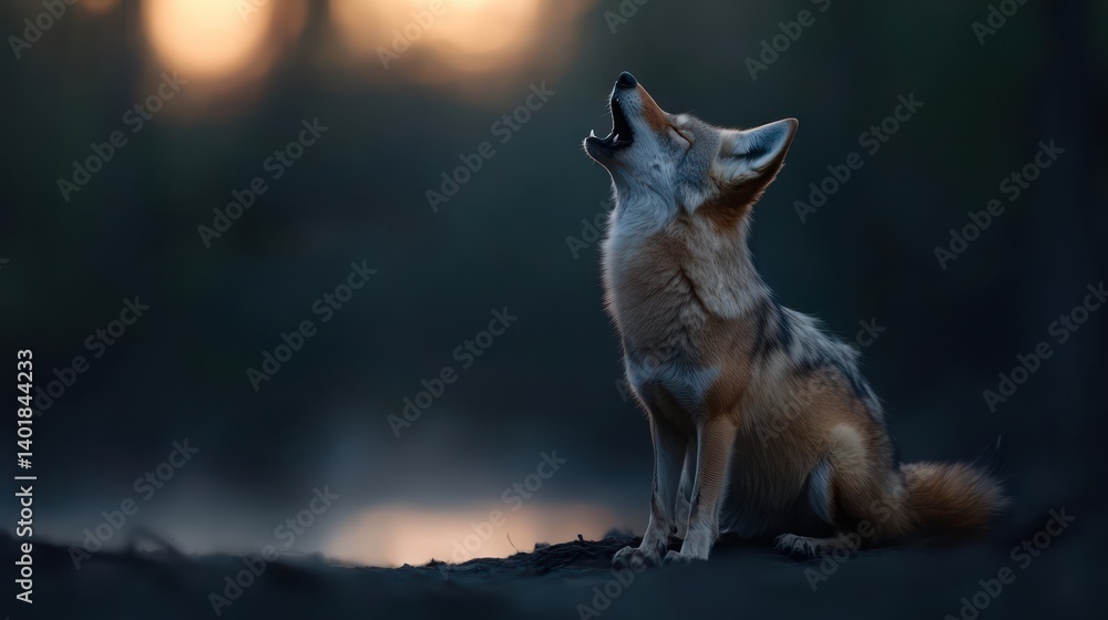 Aufkleber Close up side view of a howling coyote sitting on ground with sunset background in warm light. The coyote is brown with a bushy tail. The background is blurred and dark. The coyote's mouth is open