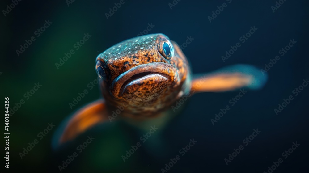 Poster a close-up shot of a vibrant orange and brown fish with distinctive white dots, set against a blurre