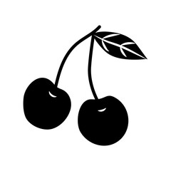 Black silhouette of two cherries with a leaf on a white background