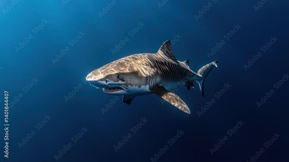 Poster a majestic shark swimming in the deep blue ocean, showcasing its powerful form and distinct markings