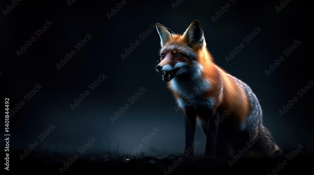Poster portrait of a red fox standing alert with its mouth open in a dark, grassy field under dim, moody li