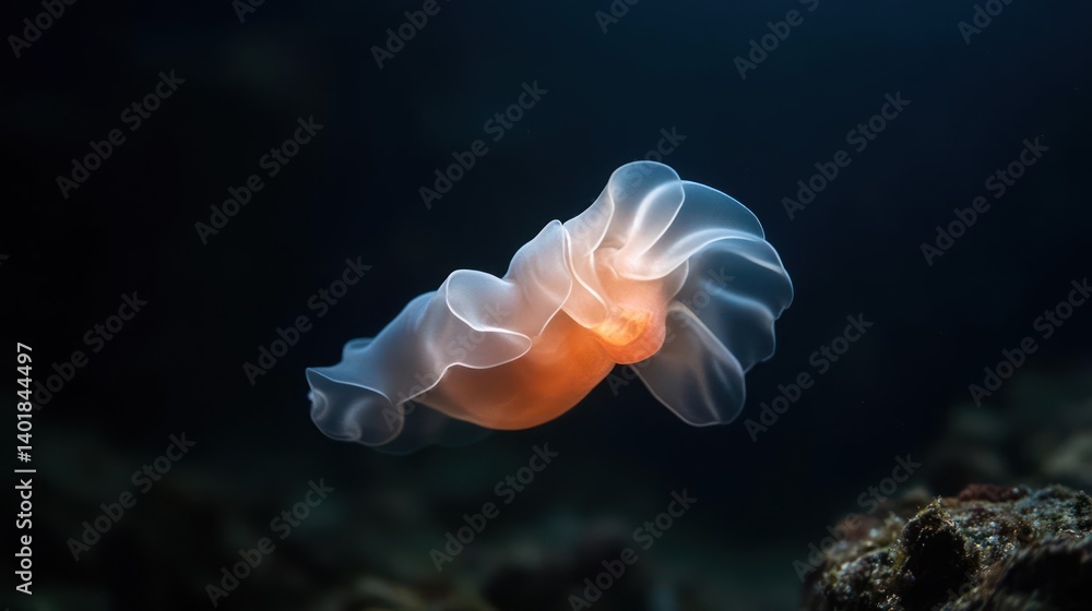Poster close-up shot of a vibrant orange sea squirt gracefully suspended in deep water. the delicate transl