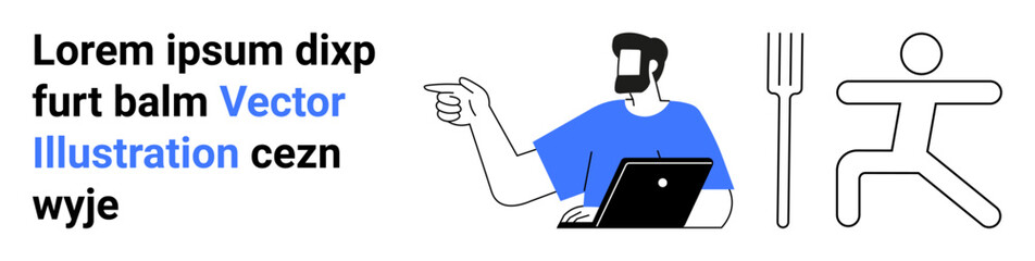Male figure working on laptop and gesturing, accompanied by minimal fork and human figure icons. Ideal for tech, productivity, food, fitness, minimalism, teamwork, flat landing page banner