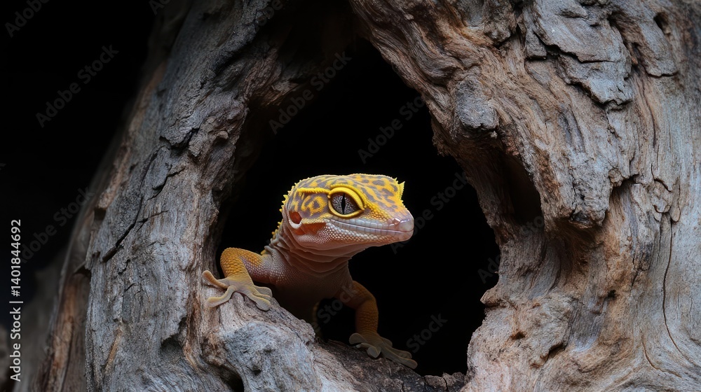 Aufkleber a vivid close-up captures a yellow gecko emerging from a hollow log. its bright skin contrasts with 