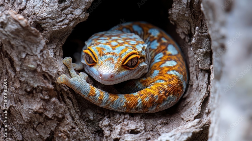 Poster close-up shot of a vibrant gecko nestled in a hollow tree trunk. the gecko showcases speckled orange