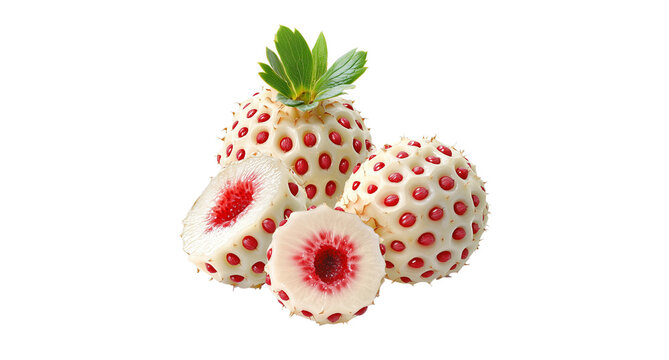 Whole and sliced pineberry with white skin and red seeds, great for hybrid fruit branding or gourmet packaging, isolated on white transparent background PNG cutout Mockup template for artwork design