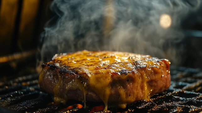 Juicy cheeseburger patty sizzling on the grill with melted cheese and smoke for food blog and recipe ideas