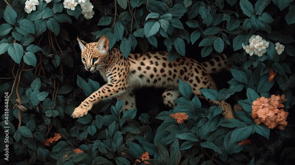 Poster a serval cat with a spotted coat walks amongst dark green foliage and colorful flowers. the lighting
