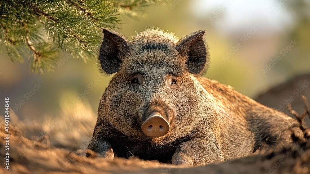 Poster Close-up shot of a wild boar lying in a forest setting with pine needles. The boar's snout and fur details are visible in the soft, warm lighting that highlights the texture and contours of the