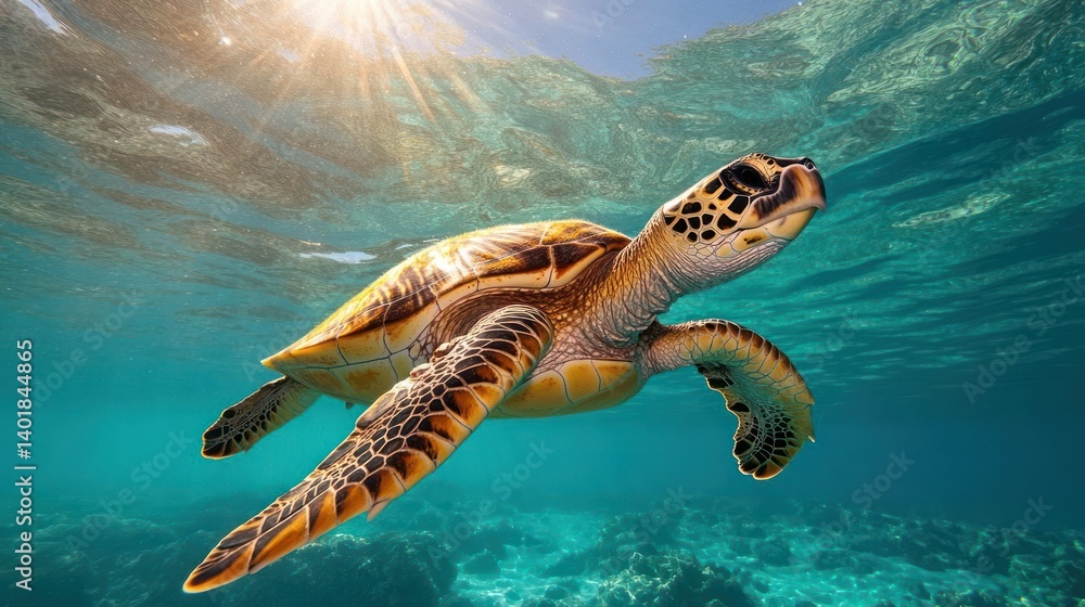 Aufkleber a sea turtle swims gracefully in the turquoise ocean under bright sunlight. the turtle's shell is in