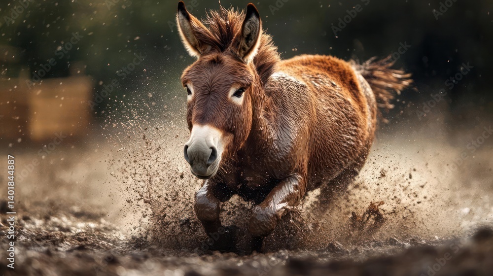 Poster a dynamic shot of a brown donkey galloping through muddy terrain, capturing the energy and motion as