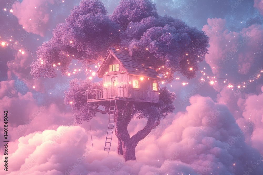 Poster enchanting pastel treehouse nestled in fluffy clouds adorned with twinkling lights and a charming la