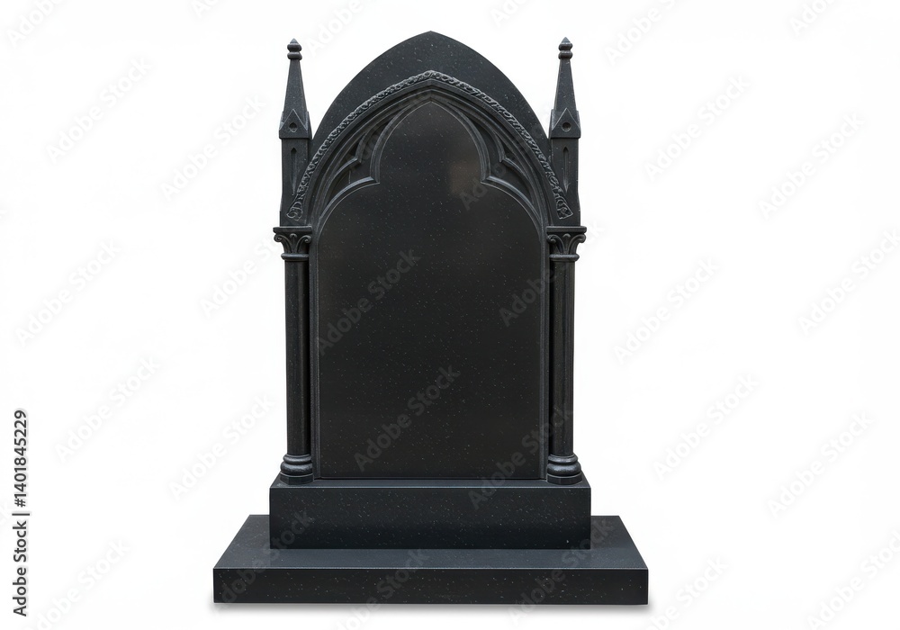 Poster a black gothic style headstone with architectural details isolated on a white background view