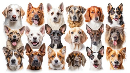 Obraz premium Vintage Dog Breed Portraits: A Collection of Canine Heads, Classic Photography, Isolated White Background
