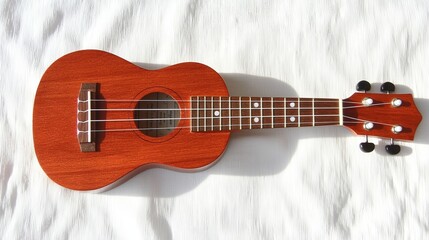 Obraz premium Beautiful Wooden Ukulele on Soft White Linen Fabric Background