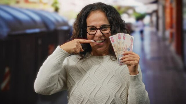 Woman outdoors showing uae dirhams and pointing to her teeth near recycling bins, wearing glasses and a sweater, highlighting waste management and wealth concepts.