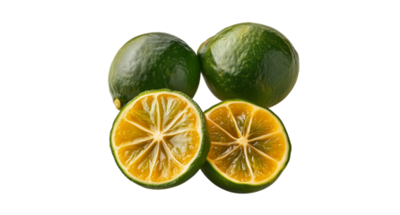 Whole and sliced calamansi lime with tiny citrus cross-section, great for Filipino recipes or natural vitamin ads, isolated on white transparent background PNG cutout Mockup template for artwork desig