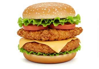 A double crispy chicken burger with cheese tomato and lettuce on a white background studio shot